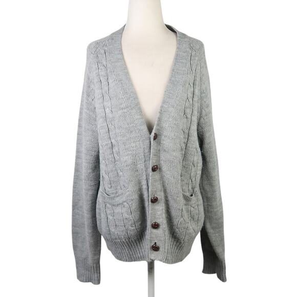 Vintage 80s Kentfield Grey Cable Knit Grandpa Cardigan Sweater Mens XL - Picture 1 of 5